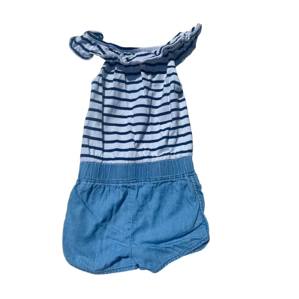 OshKosh B'gosh Romper Toddler 2T Blue White Excellent Striped Ruffle Chambray‎